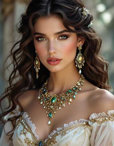 A woman with long brown hair is wearing a white dress and gold jewelry, including a necklace and earrings that feature green gemstones. The background appears to be blurred, but the setting suggests an indoor or semi-indoor environment.