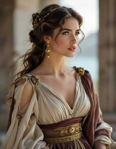 A woman is captured in a moment of quiet contemplation against an ancient stone wall backdrop. She wears a long, flowing dress that cascades down to her feet and features a belt with intricate gold designs. The woman's hair is styled in loose curls, adding to the overall elegance of her appearance. A gold headband adorns her hair, complementing the ornate details on her dress.