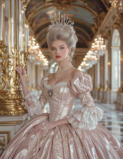 A woman is standing in front of a large window with gold trim and a chandelier hanging from the ceiling. She is wearing a pink ball gown with a white bodice and ruffled sleeves, and a tiara on her head. The background features a grand room with high ceilings and ornate decorations.
