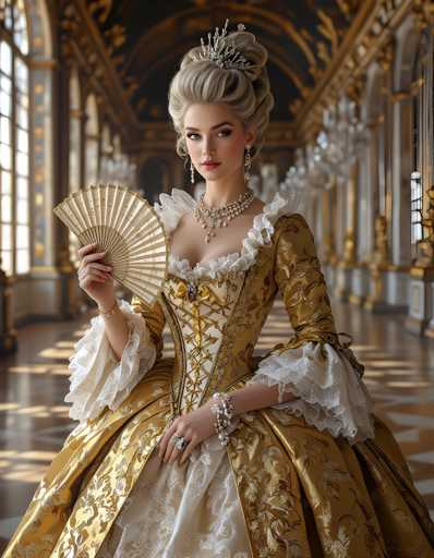 A woman dressed in an ornate gold and white dress with a large fan held in her hands stands in front of a grand room with intricate designs on the walls and ceiling.
