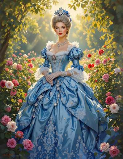 A woman is standing in front of a garden filled with pink and white roses. She is wearing a blue dress that has a train on it and a tiara on her head. The background features trees and bushes, creating a serene and picturesque setting for the woman.
