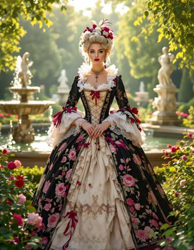 A woman stands in front of a fountain with a statue on either side and a garden filled with pink roses behind her. She is wearing a long black dress decorated with white lace sleeves and a red and gold headpiece.