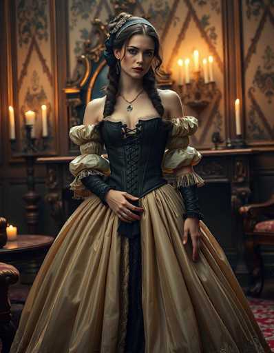 A woman stands in front of a mirror wearing an ornate dress with a high neckline and corset, holding a candle. The room is dimly lit, creating an atmosphere of mystery and elegance.