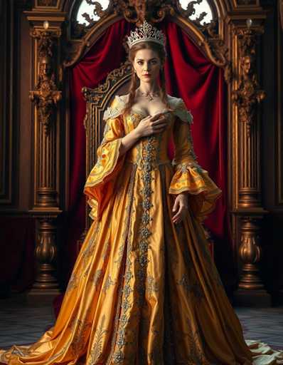 A woman stands in front of a grand room with a red curtain and gold accents. She is wearing an ornate yellow dress with a large train and a tiara on her head. The room features a large window that allows natural light to enter the space, and there are two columns visible behind her.