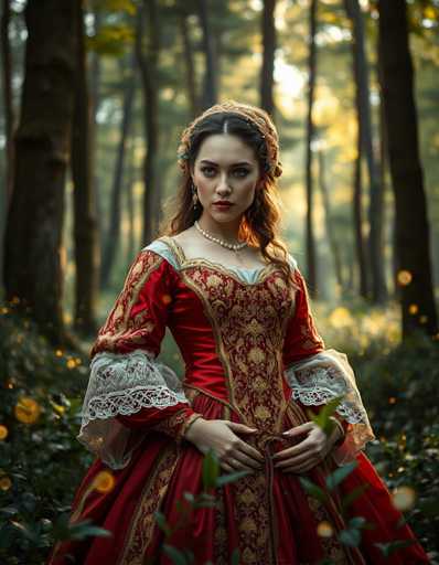 A woman dressed in a red and gold dress with white lace sleeves stands in the center of a forest clearing surrounded by trees.