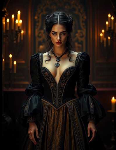A woman stands in front of a dark room with candles on either side and a large window behind her. She is wearing a long black dress with gold accents and a necklace that includes a large pendant. The woman's hair is styled in an elegant updo, and she has a serious expression on her face as she gazes directly at the camera.