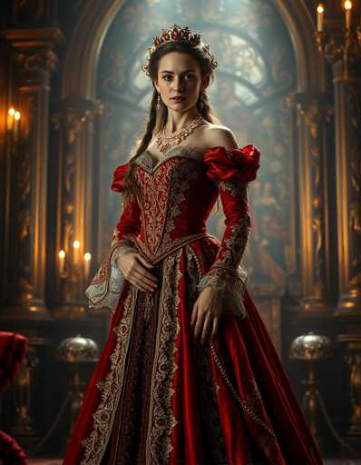 A woman is standing in front of a large window with gold trim and a red curtain. She is wearing a long, ornate red dress that reaches down to her knees, and she has a crown on her head. The background features a dark room with a chandelier hanging from the ceiling.