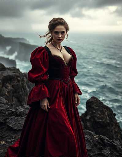A woman stands on a rocky cliff overlooking the ocean, wearing a long red dress with a high neckline and sleeves that flows down to her knees. The sky is overcast, casting a soft light over the scene.