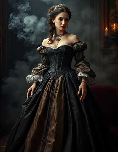 A woman is standing in front of a fireplace with smoke rising from it. She is wearing an ornate dress that is black and brown, with a corset and ruffled sleeves. The woman has her hands clasped together on either side of her chest, and she is looking directly at the camera.