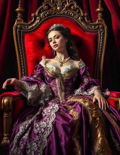 A woman is seated on a red velvet throne with gold accents and a large crown on her head. She is wearing a purple dress adorned with white lace trim and gold accents. The background features a red curtain that matches the color of the throne.