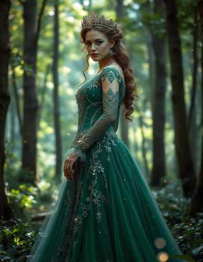 A woman is standing in a forest wearing a long, green dress with gold accents and a crown on her head.