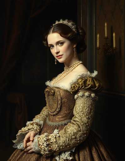 A woman is captured in a portrait against a dark background with a gold curtain and a chandelier hanging from the ceiling. She wears a long dress adorned with lace sleeves and a crown on her head. The painting style is realistic, focusing on capturing the details of the subject's attire and facial expression.