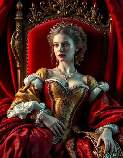 A woman is seated on a red velvet throne with gold accents and a large crown on her head. She wears a long, flowing dress that is predominantly red with gold trimming. The background features a rich red curtain, which complements the throne's color scheme.