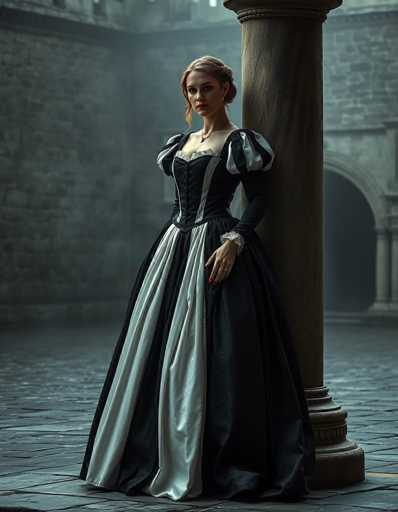A woman stands in front of a stone archway, wearing a long black and white dress with a high collar and sleeves. The stone archway is part of an old building, suggesting the scene may be set in a historical or medieval setting.