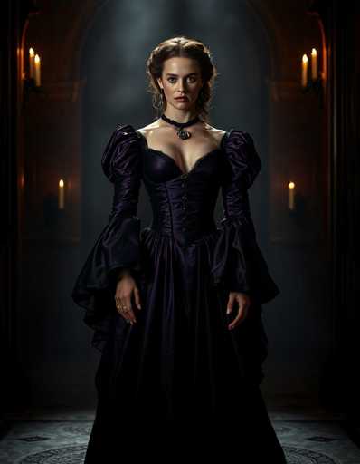 A woman stands in front of a dark room with two candles on either side of her. She is wearing a long purple dress and a necklace that drapes over her shoulders. The room has an archway at the center, which serves as the backdrop for the scene.