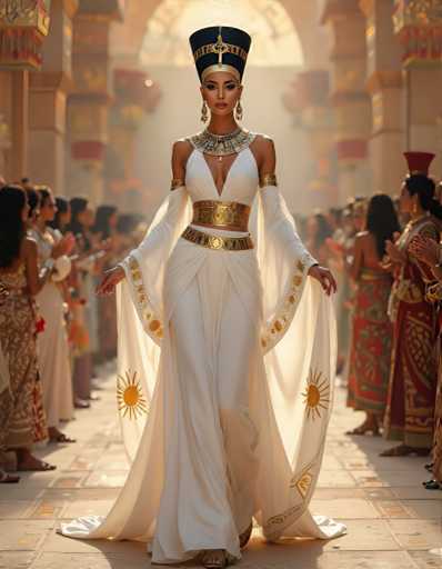 The image depicts a woman wearing an Egyptian-style dress and headdress standing on a cobblestone street surrounded by other people dressed similarly. The woman is positioned centrally in the frame with her arms outstretched to the sides, suggesting she may be posing for a photo or participating in a parade.