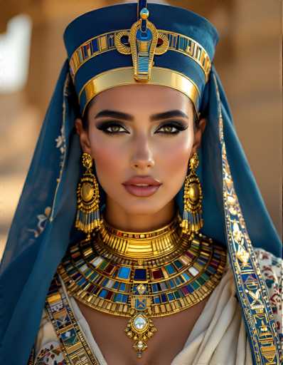 The image shows a woman wearing an Egyptian-style dress and headdress with blue and gold accents. She is positioned against a gray wall, which contrasts with her colorful attire. The woman's face is the focal point of the image, with her eyes looking directly at the camera.