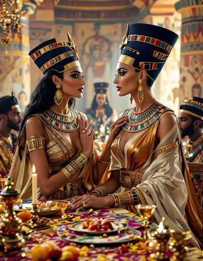 The image depicts two women wearing elaborate Egyptian-style headdresses and clothing seated at a table with goldware and fruit. The background features a large mural depicting pharaohs and other Egyptian figures.