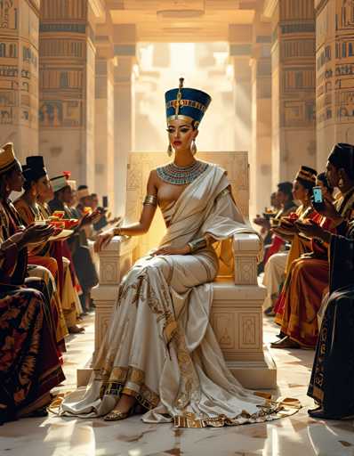 The image depicts an Egyptian queen seated on a throne, wearing a white dress and a blue headdress with gold accents. The queen is surrounded by several people dressed in traditional Egyptian clothing, some of whom appear to be holding offerings or gifts.