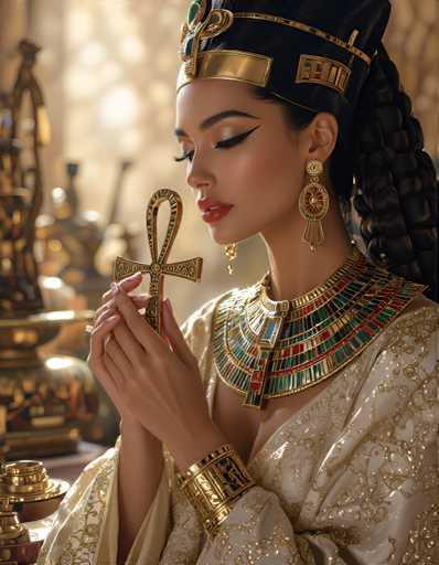 A woman dressed in an Egyptian-style outfit with a gold headdress and necklace is the central focus of the image. She holds a golden cross in her hands while wearing a white robe adorned with gold embroidery. The background features a window that allows natural light to illuminate the scene, creating a warm and inviting atmosphere.