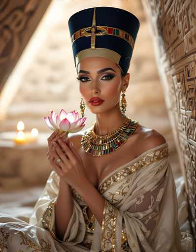 A woman is seated against a stone wall with her hands resting on her lap. She wears an ornate headdress and necklace made of gold and jewels, as well as a white dress adorned with gold embroidery. A pink lotus flower rests in her hand.
