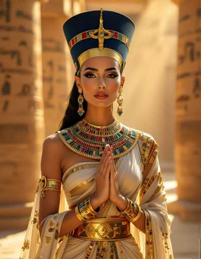 A woman dressed in an ancient Egyptian costume stands before a temple wall with her hands clasped together and her head adorned with a blue and gold crown.