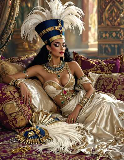 A woman is depicted as a queen or princess wearing an ornate headdress and a white dress with gold accents. She is lying on a bed adorned with purple pillows and a gold and red blanket. The background features a large window that allows natural light to illuminate the room, creating a warm and inviting atmosphere.