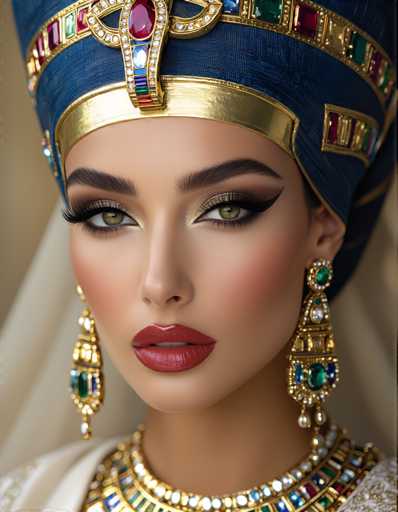 The image shows a close-up portrait of a woman wearing an elaborate headpiece and jewelry. The woman's face is the main focus, with her eyes looking directly at the camera. She has long, dark hair that falls down to her shoulders, and she wears a blue headdress adorned with gold accents.

The background is blurred, but it appears to be a room or setting where the photo was taken. The woman's attire includes a necklace made of colorful jewels, which adds an element of luxury and opulence to the overall look.