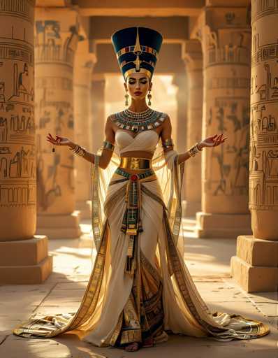 A woman dressed in an Egyptian-style costume stands in front of a temple, holding her hands out as if in prayer or offering. The temple is adorned with intricate carvings and columns, and the scene is bathed in warm light from above, highlighting the golden hues of the costume and the temple's architecture.

The woman wears a long white dress with gold accents, complemented by a blue headdress featuring a gold emblem on her forehead. The image does not contain any discernible text or other objects, and there are no actions taking place.