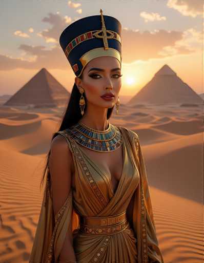 A woman stands in front of a desert landscape at sunset, wearing a gold headdress and a long dress with intricate embroidery. The sky is painted in warm hues of orange and yellow, casting a golden glow over the scene.