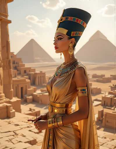 A woman dressed in an Egyptian-style golden dress and a large headdress stands on the edge of a pyramid, holding a staff with her right hand while gazing towards the camera with her left hand. The background features the majestic pyramids of Egypt against a clear blue sky.
