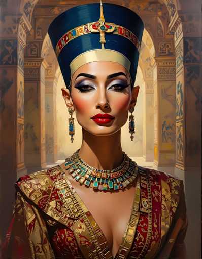 The image depicts an Egyptian queen wearing a blue and gold headdress with a golden emblem on the top of her head. She is dressed in a red and gold robe adorned with gold jewelry, including a necklace featuring multiple gemstones. The background features a wall decorated with hieroglyphics and columns, suggesting that this scene takes place within an ancient Egyptian temple or palace.
