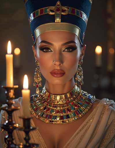 A woman is seen from behind with a striking blue and gold headpiece that sits atop her head. She wears an elaborate necklace made of colorful jewels and has long hair cascading down her back. The background features two candles, one on each side of the image, casting a warm glow over the scene.