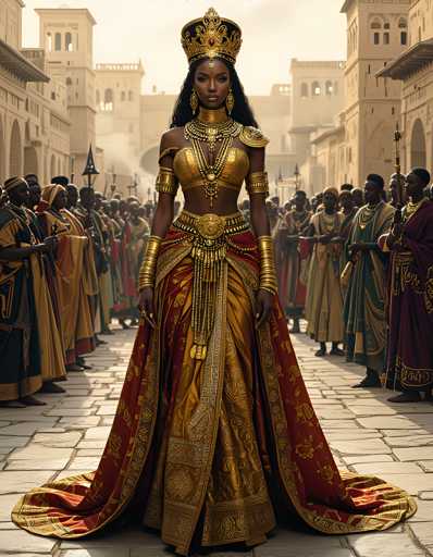 The image depicts a woman wearing a gold and red dress with a large headdress, standing in the center of an ancient city surrounded by other people dressed similarly. The setting appears to be a historical or medieval period, as evidenced by the architecture surrounding her.