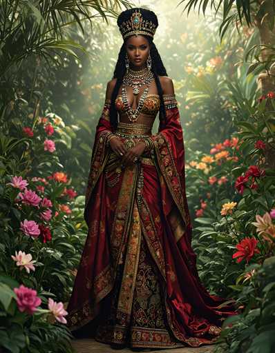 A woman is standing in front of a garden filled with pink and red flowers. She is wearing a long, ornate dress that is predominantly red with gold accents. The dress has a high neckline and a corset-like bodice, giving her an elegant and regal appearance. A crown adorns her head, adding to the regality aura of the scene.