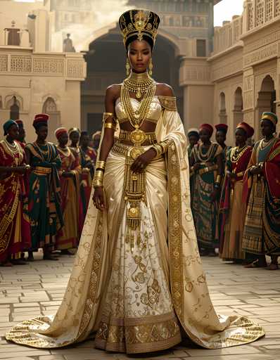 The image depicts a woman wearing an elaborate gold and white costume with a large headdress, standing in front of a group of people dressed in similar attire. The setting appears to be a courtyard or palace-like area, suggesting the scene may be from a historical period or a theatrical production.