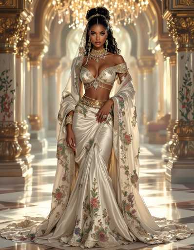 A woman is standing in an ornate room with a high ceiling and columns. She is wearing a white dress adorned with gold embroidery and a headpiece that includes a crown on her head. The background features a chandelier hanging from the ceiling, adding to the grandeur of the scene.