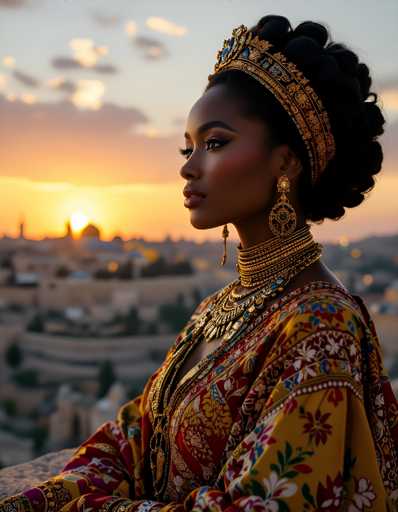 A woman is captured in a moment of quiet contemplation on a rooftop at sunset. She wears a vibrant yellow and red dress adorned with gold jewelry that includes a crown on her head. The setting sun casts a warm glow over the cityscape below, which features buildings of varying heights and designs.