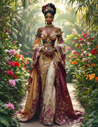 A woman is standing in front of a garden filled with pink and orange flowers. She is wearing a long, flowing dress that is predominantly purple and gold, with intricate designs on the bodice and skirt. The woman has her hair styled in an elegant updo, and she is wearing earrings and a necklace.