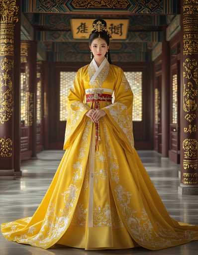 A woman is standing in front of a doorway with her hands on her hips and wearing a traditional Chinese dress made of yellow fabric adorned with white embroidery. The dress features a red sash around the waist and a gold belt cinched at the waist. The background includes a wooden door, suggesting an interior space or room.