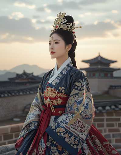A woman is standing on a brick wall with her back facing the camera. She is wearing traditional Korean clothing that includes a blue and gold dress adorned with red flowers and a matching headpiece featuring a gold crown. The setting appears to be outdoors during sunset, as evidenced by the warm hues of the sky reflected in the image.