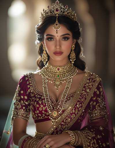 A woman is standing against a white wall with her hands on her hips and wearing a traditional Indian outfit that includes a pink sari with gold embroidery and a gold necklace and earrings. She has dark hair styled in an updo and is wearing a tiara made of gold and jewels, which complements the overall elegance of her attire.