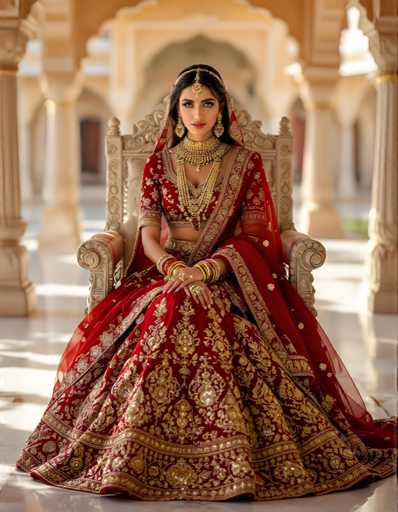 A woman is seated on a chair wearing traditional Indian bridal attire consisting of a red and gold dress with intricate embroidery and gold jewelry.