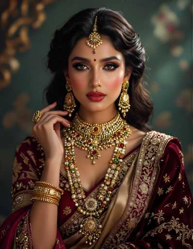 A woman is the central figure in this image. She is wearing a traditional Indian sari and has her hair styled in an elegant updo with a gold headpiece on top of it. The background features a dark green color that complements the gold elements of her attire.
