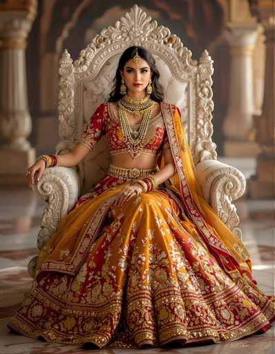 A woman is seated on a white chair with gold accents and wearing an orange and red traditional Indian wedding dress adorned with gold embroidery. She has her hair styled in an elegant updo and is wearing a gold necklace and earrings. The background features a gray wall with columns, suggesting the setting could be a palace or similar grand structure.