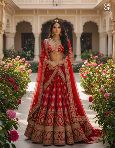 The image shows a woman wearing a traditional Indian bridal dress with red and gold colors. The dress is adorned with intricate designs and patterns, giving it an elegant and regal appearance. The woman stands in front of a white archway that leads to a courtyard filled with pink flowers.