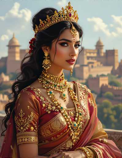 A woman is seen from behind, wearing a gold and red sari with intricate designs on the sleeves and a crown of jewels adorning her head. The background features a castle-like structure, suggesting an ancient or historical setting.