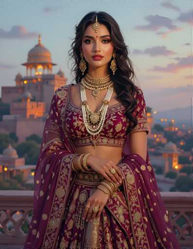 A woman is standing on a balcony with her back to the camera, wearing a traditional Indian bridal outfit that includes a purple saree and gold jewelry such as a necklace and earrings. The background features a cityscape at sunset, creating a serene atmosphere around the woman's location.