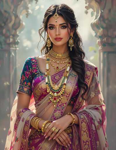 A woman is standing against a gray wall with her hands on her hips and wearing traditional Indian attire consisting of a pink sari with gold embroidery and a gold necklace and earrings.