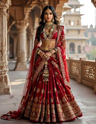 A woman is standing on a balcony with her back facing the camera. She is wearing a traditional Indian bridal outfit that includes a red and gold saree with intricate designs, a gold necklace, earrings, and a gold belt. The woman's hair is styled in an elegant updo, and she is wearing a gold headpiece.